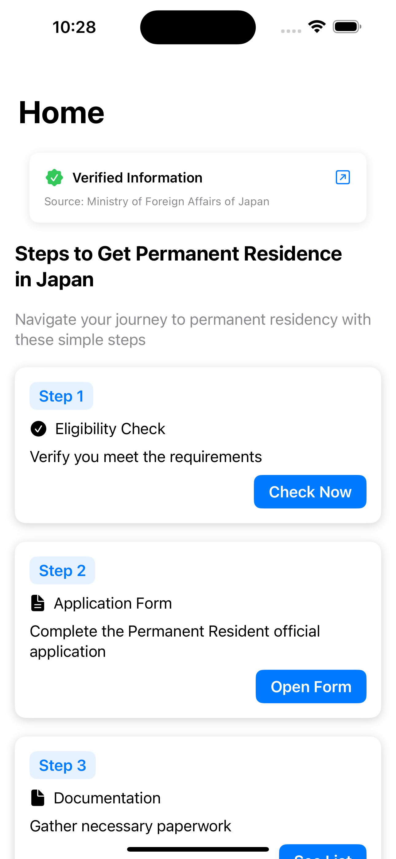 Japan Residency Guide App Home Screen